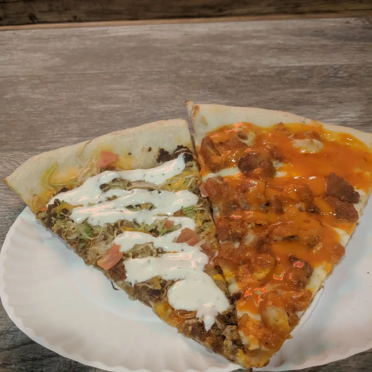 Taco Pizza and Buffalo Chicken Pizza
