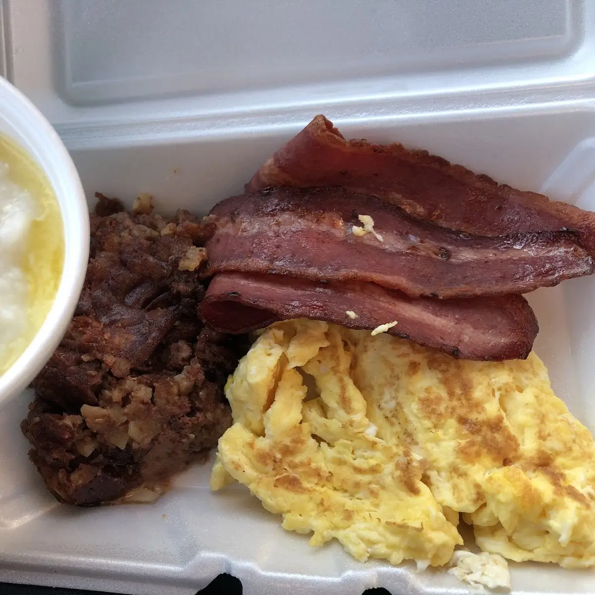 Corned Beef Hash with Turkey Bacon Eggs and Grits