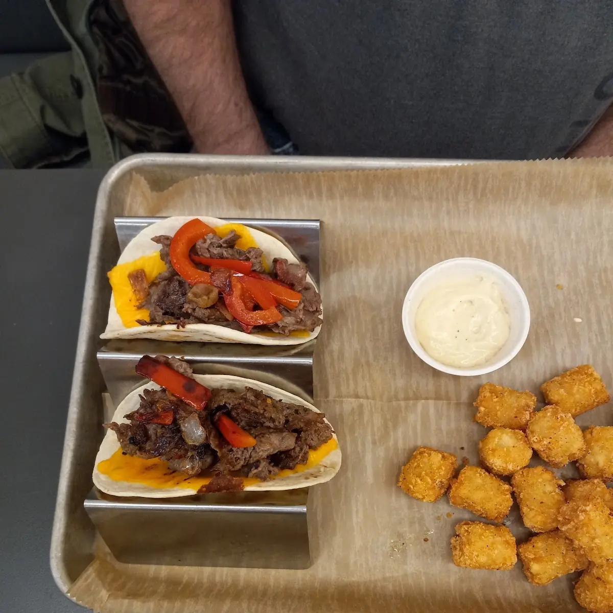 Philly Cheese Steak Tacos and Tots