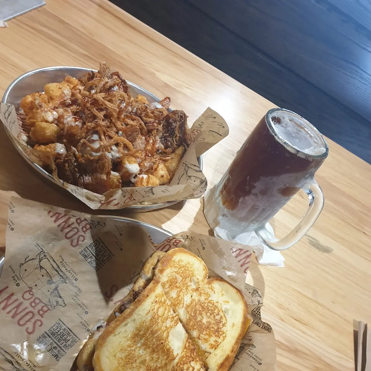 Tots w Brisket Amber Ale Pork Grilled Cheese Sandwich