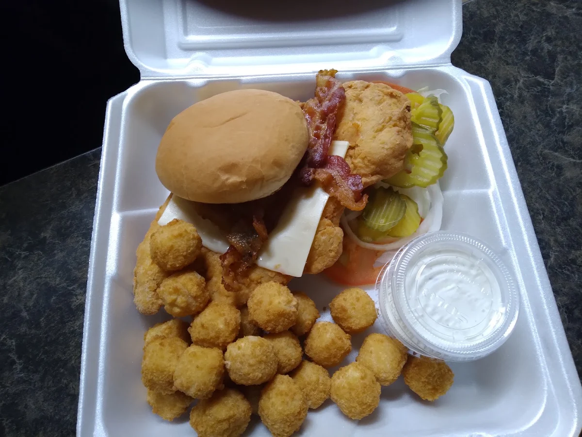 CFC Sandwich with Pepper Jack Cheese and Bacon with a Side of Pepper Jack Bites