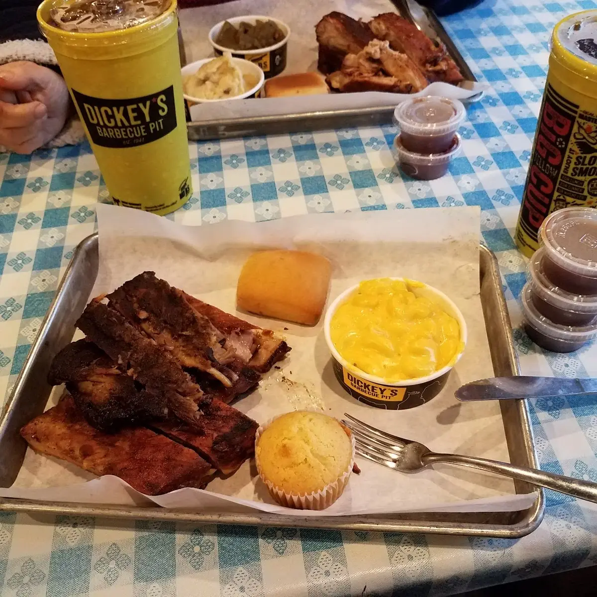 Ribs Mac and Cheese Cornbread Muffin with Corn in It and a Coke Zero