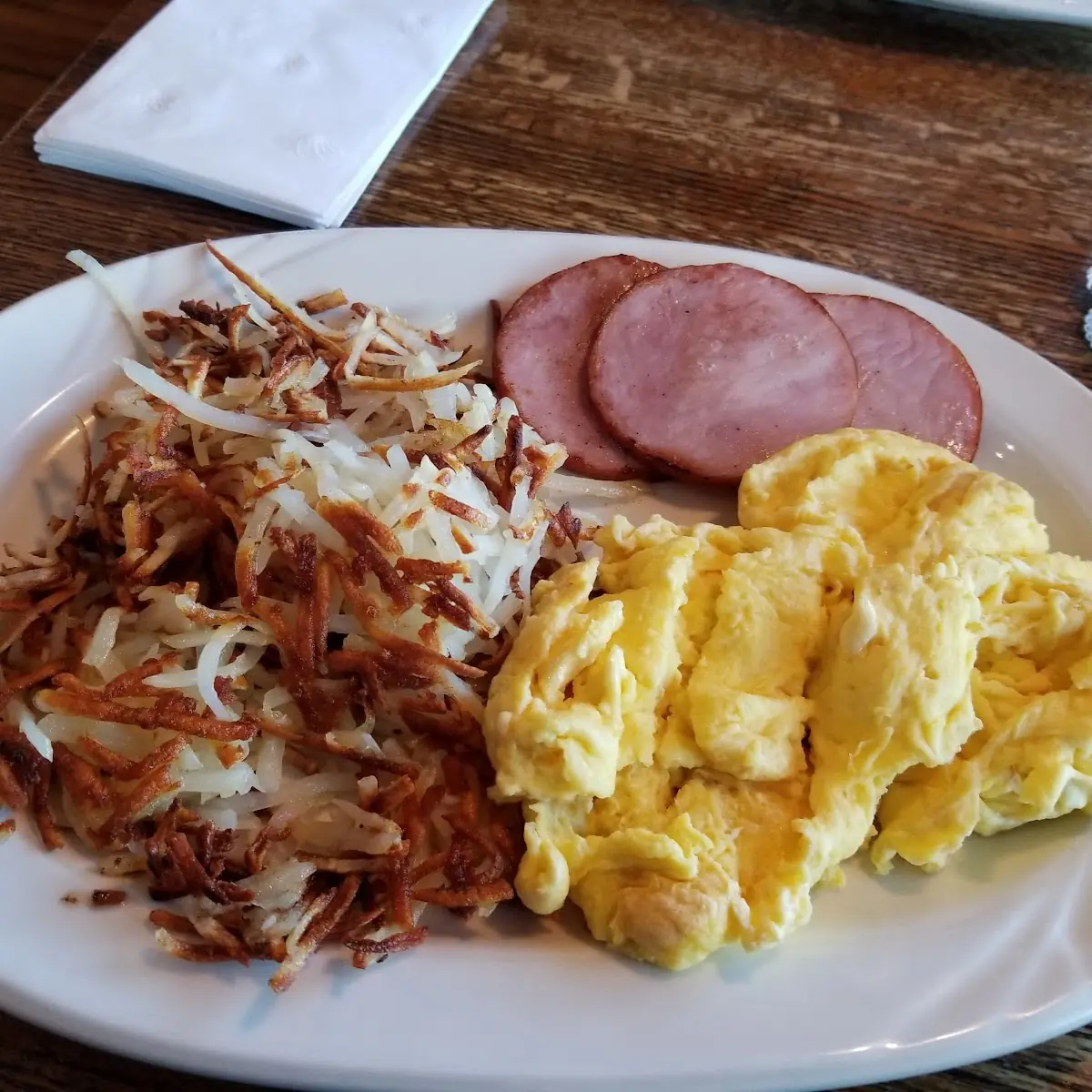 Scrambled Eggs with Canadian Bacon and Hash Browns