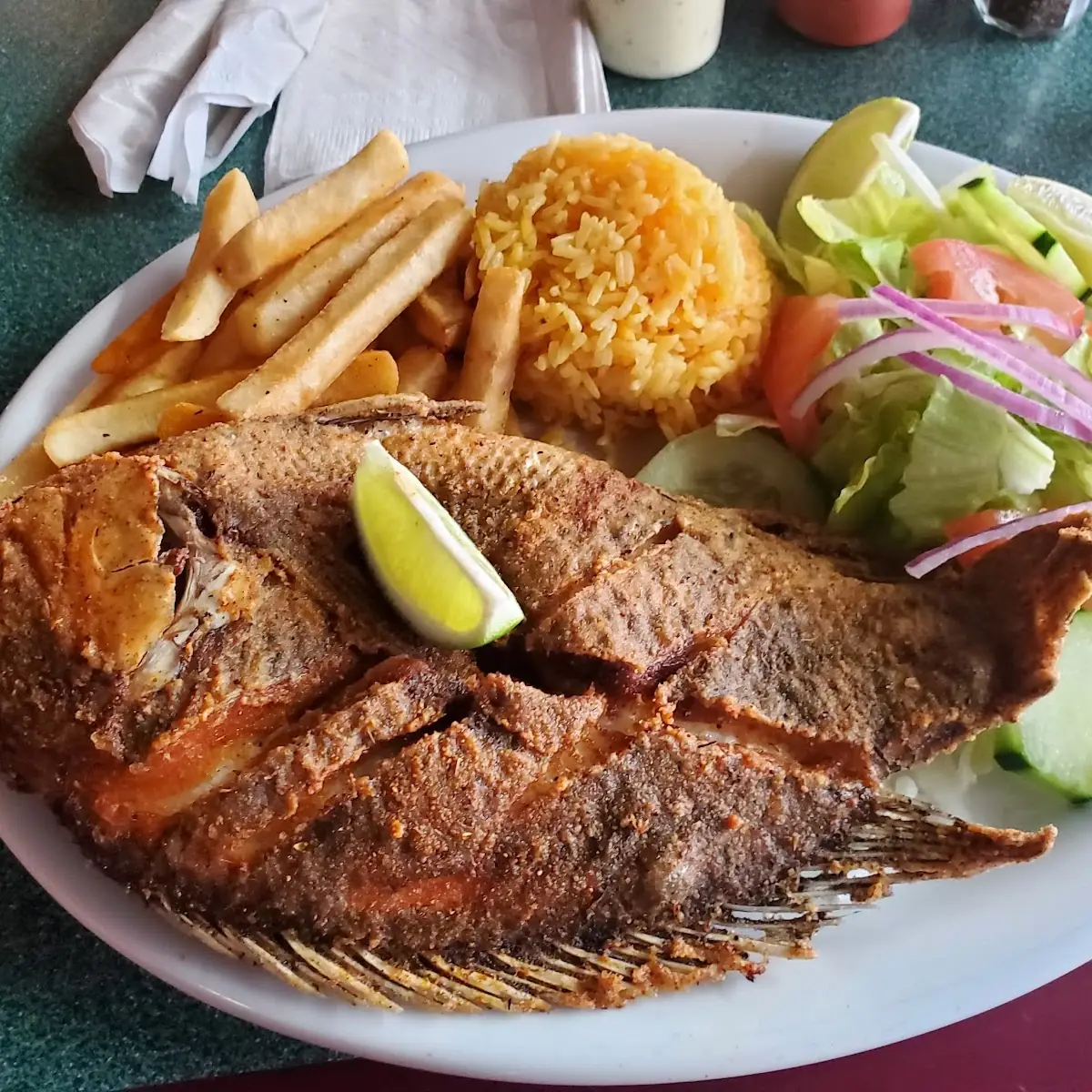 Devil Fried Tilapia & Shrimp with Rice Fries and Salad
