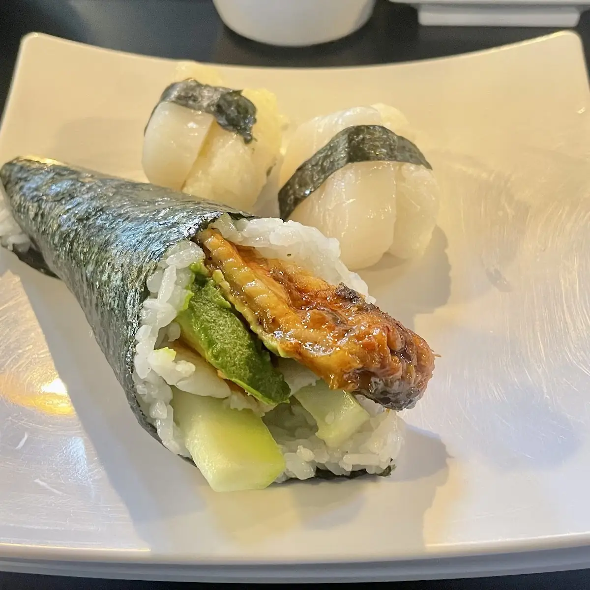 Dragon Hand Roll with Scallop Nigiri