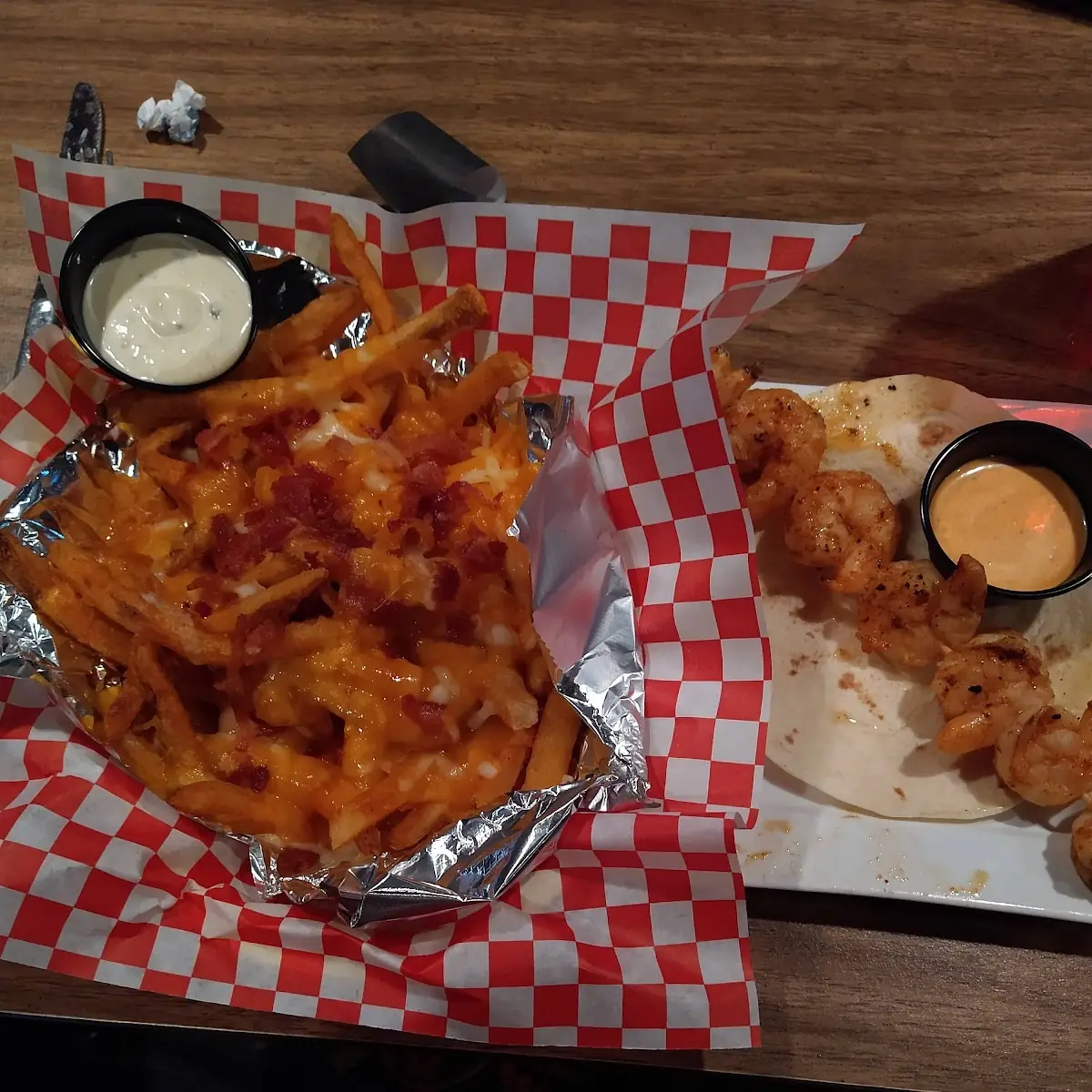 Cheese Fries with Bacon and Grilled Shrimp