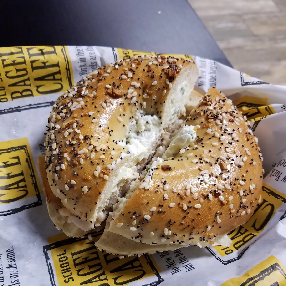 Breakfast Bagel with Bacon on Everything Bagel and Cream Cheese
