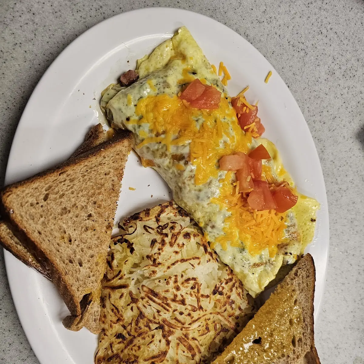 Omelette with Hash Browns and Toast
