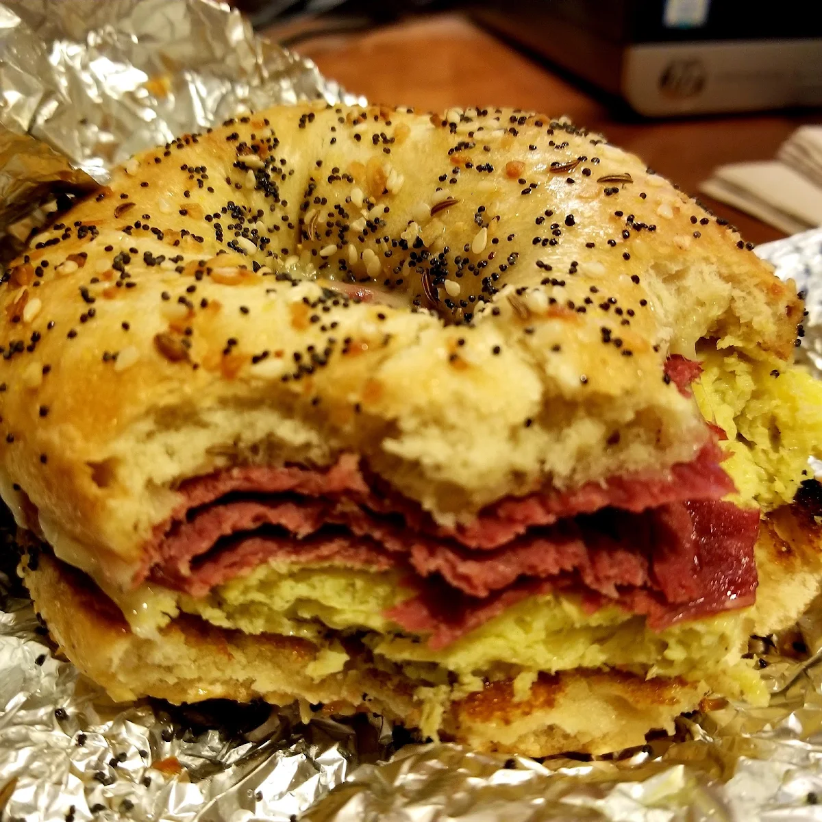 Everything Bagel with Egg Swiss and Corned Beef