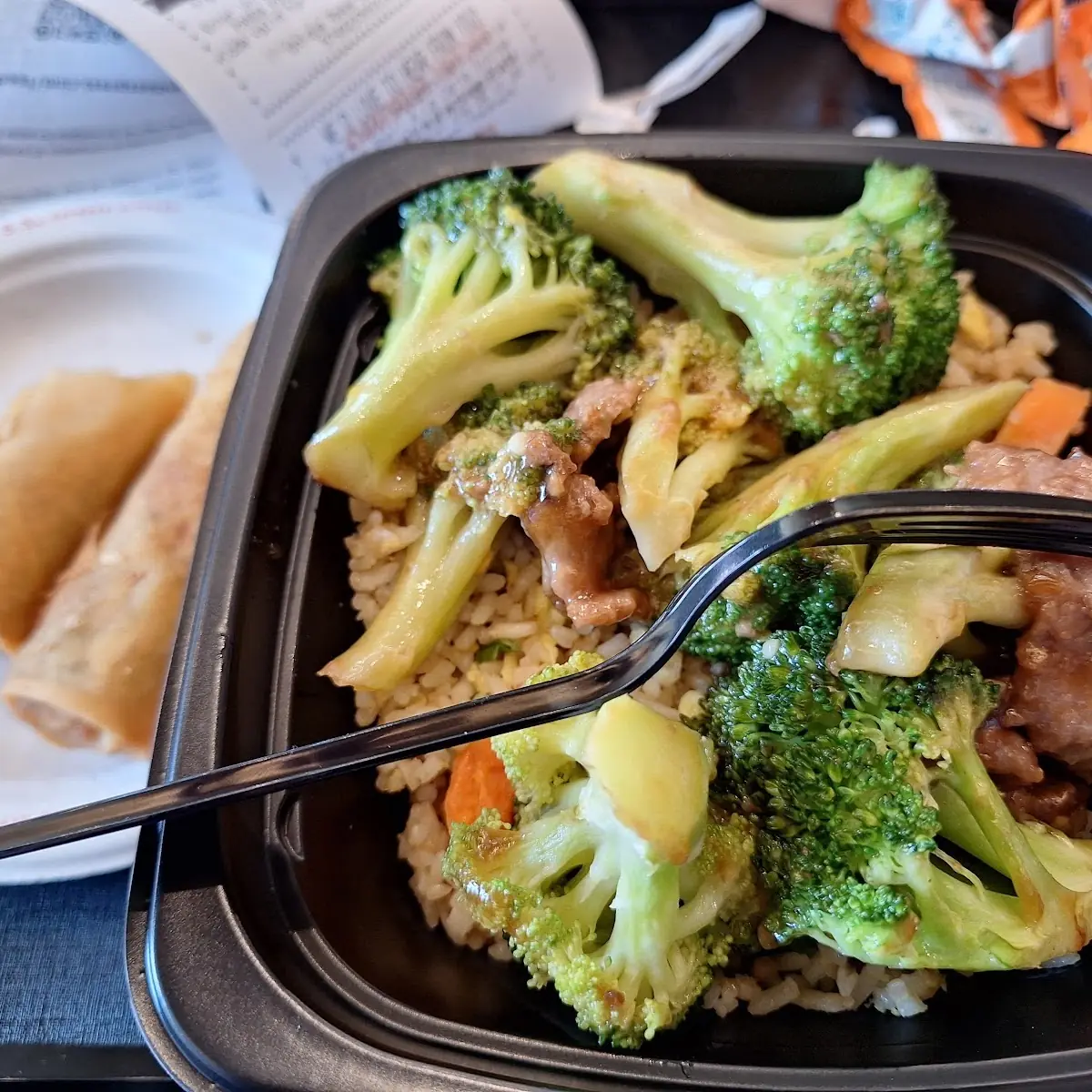 Broccoli Beef Fried Rice and Spring Rolls