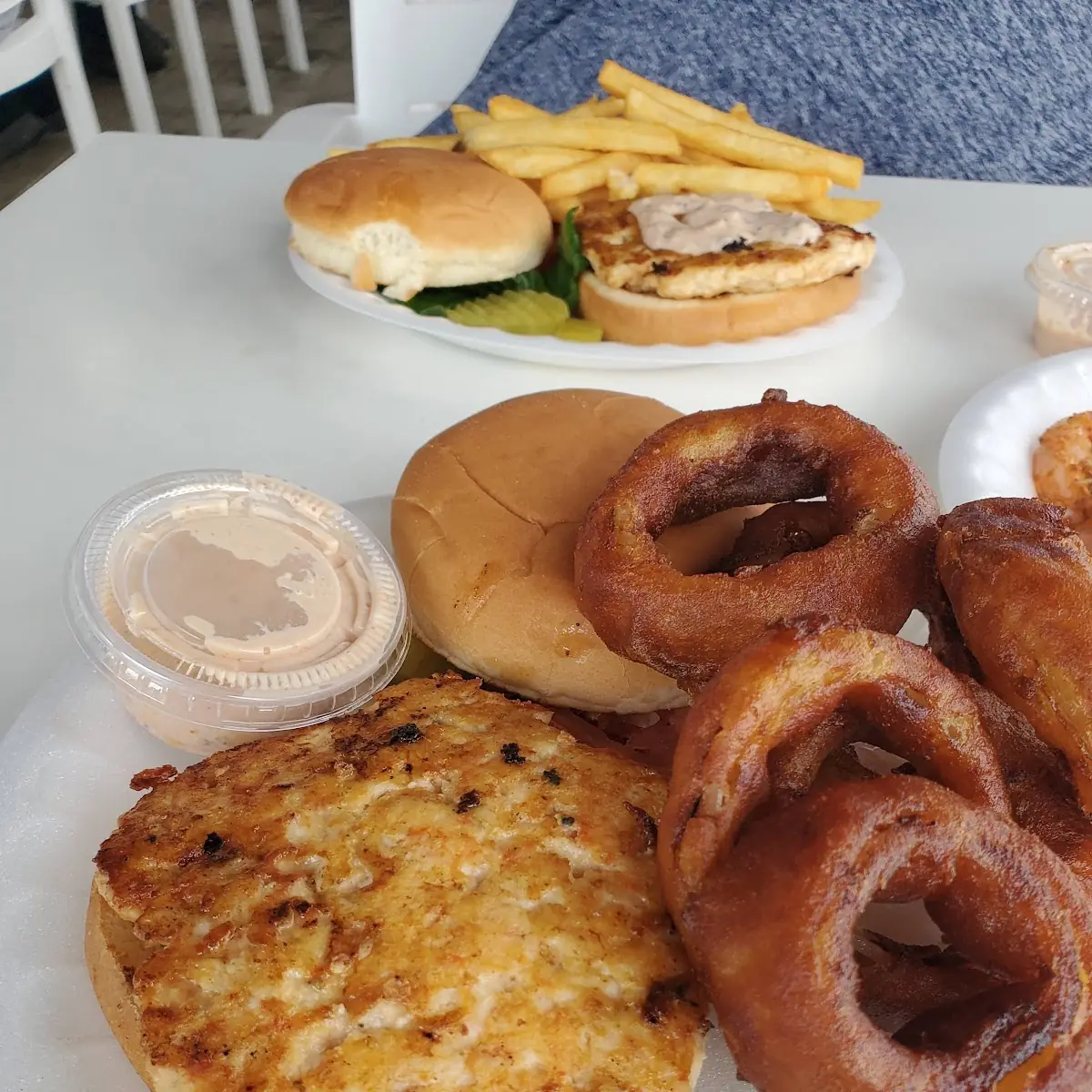 Grilled Shrimp Burger and Onion Rings
