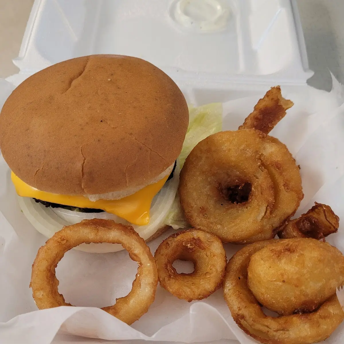 Cheese Burger and Onion Rings