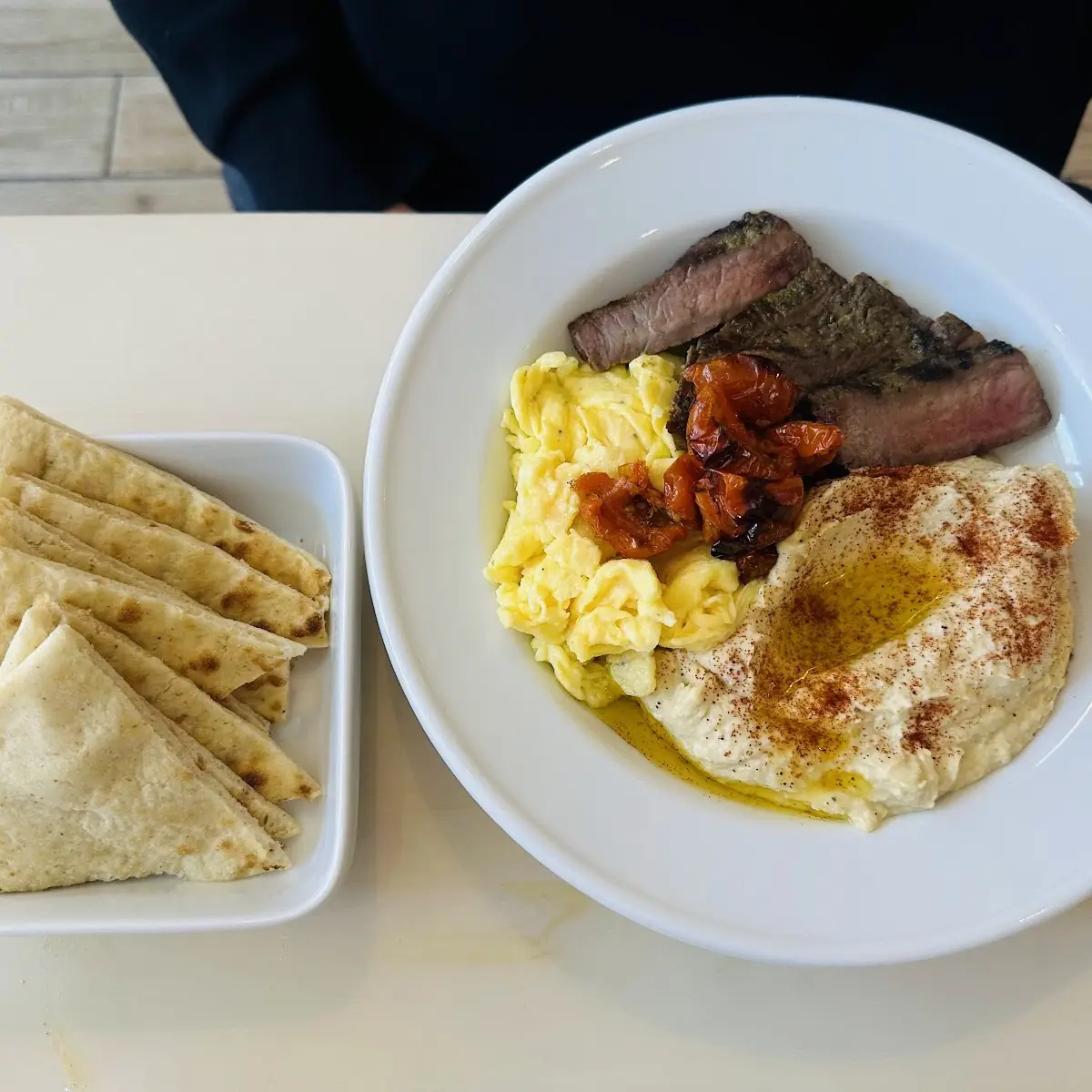 Scrambled Eggs Hummus & Diced Steak