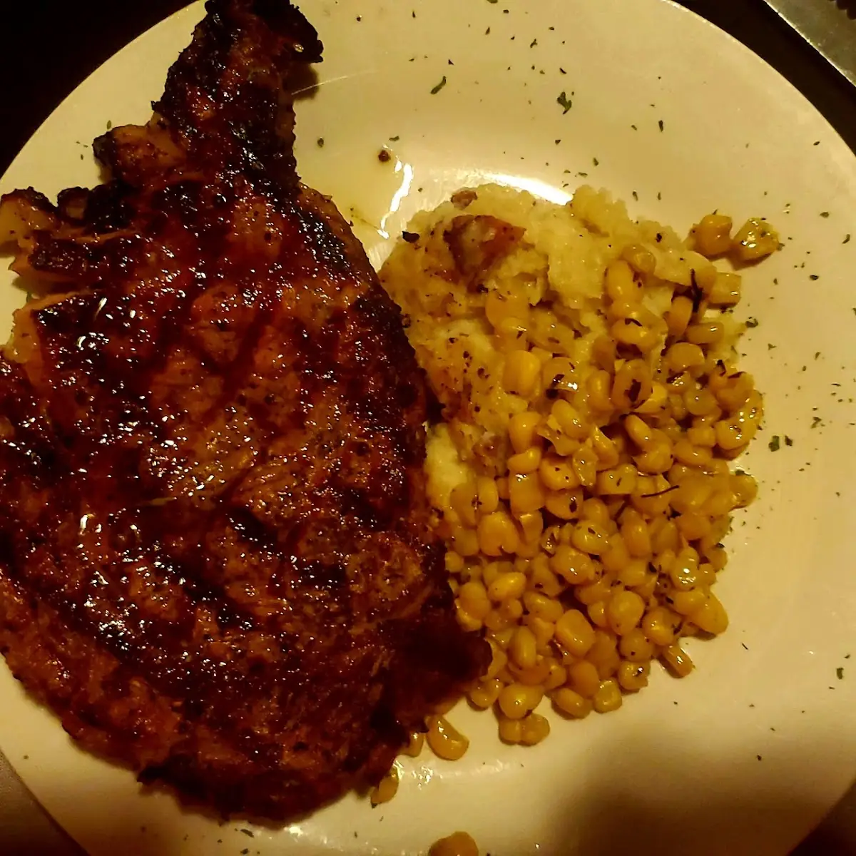 Ribeye Steak with Garlic Mashed Potatoes and Corn