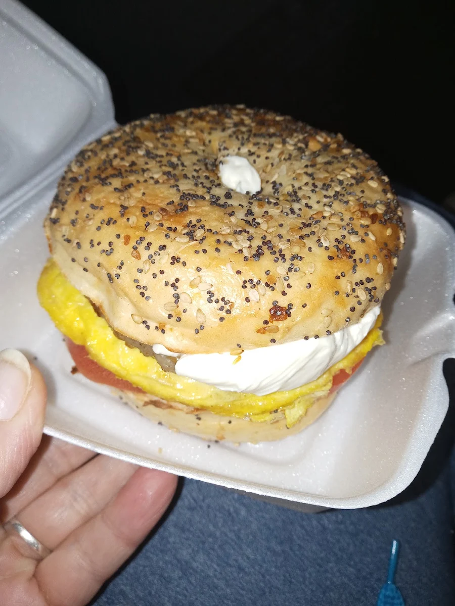 Sausage Egg Tomatoe on Everything Bagel