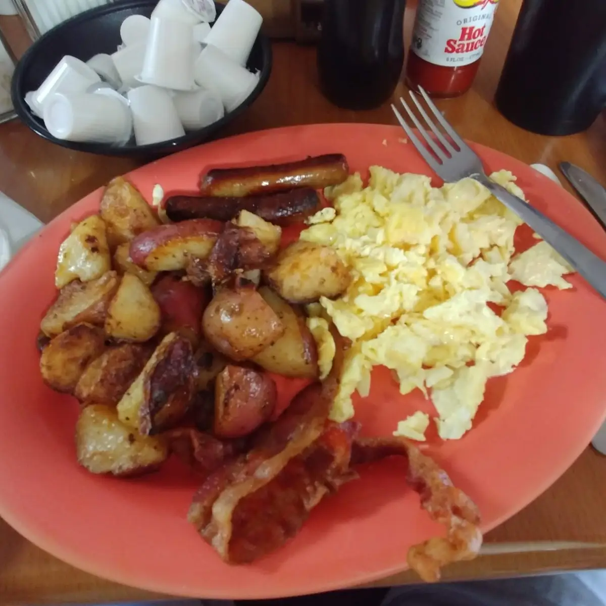 Scrambled Eggs Bacon Sausage and Home Fries
