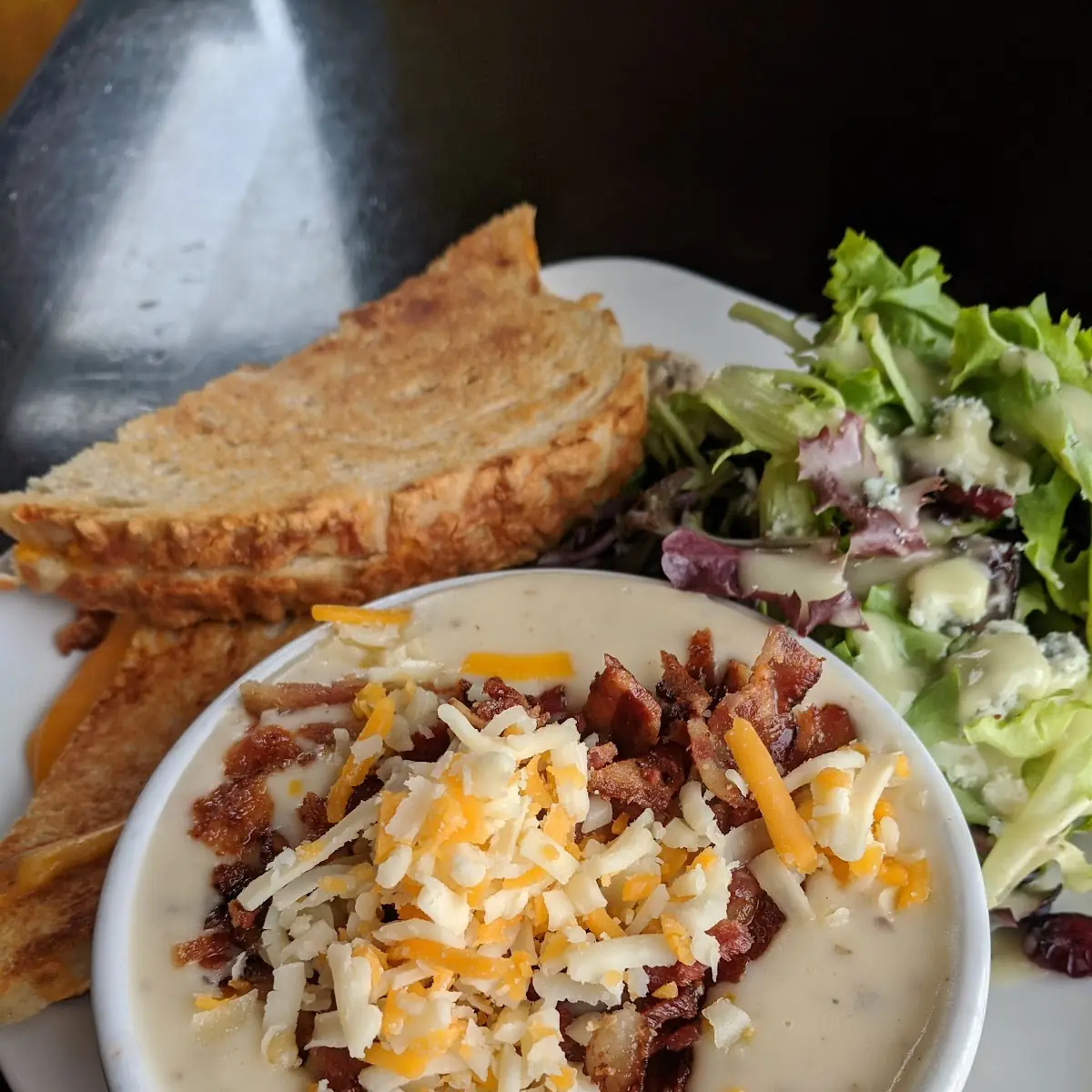 Loaded Baked Potato Soup and Grilled Cheese with Cranberry Blue Cheese Salad