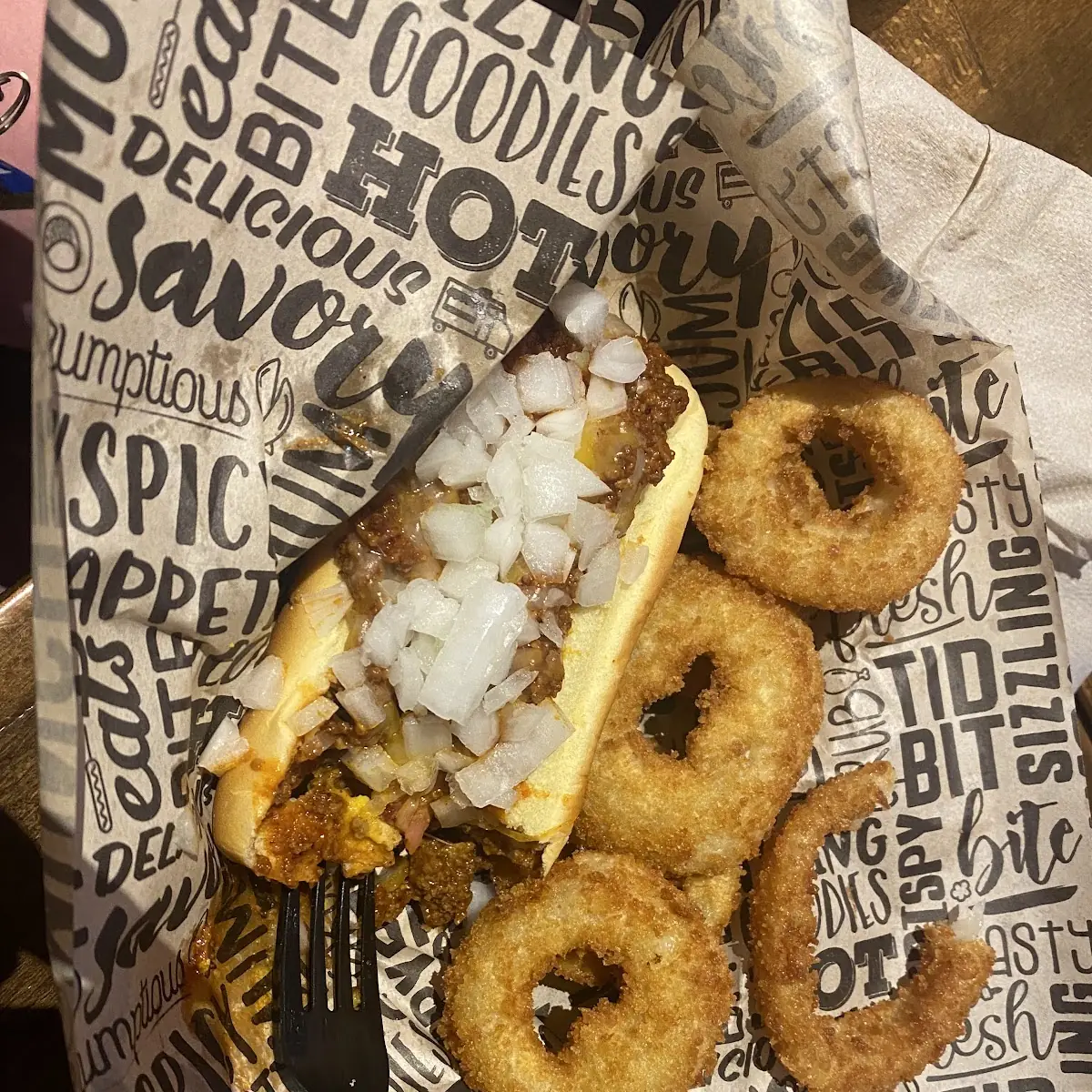 Chili Cheese Dog with Onion Rings