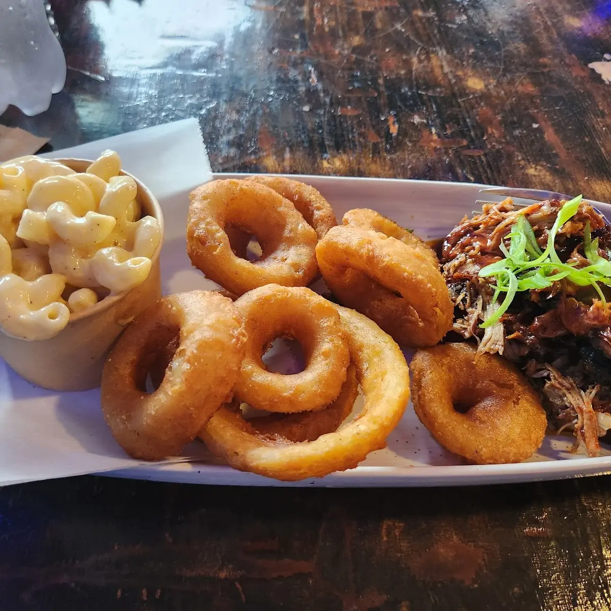 Pulled Pork Mac and Cheese and Onion Rings