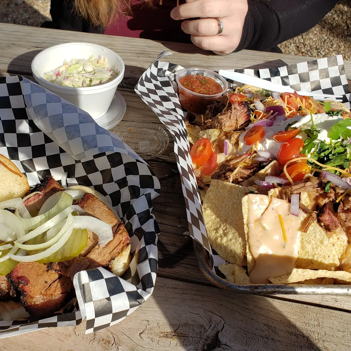 Brisket Nachos and Brisket Sandwich