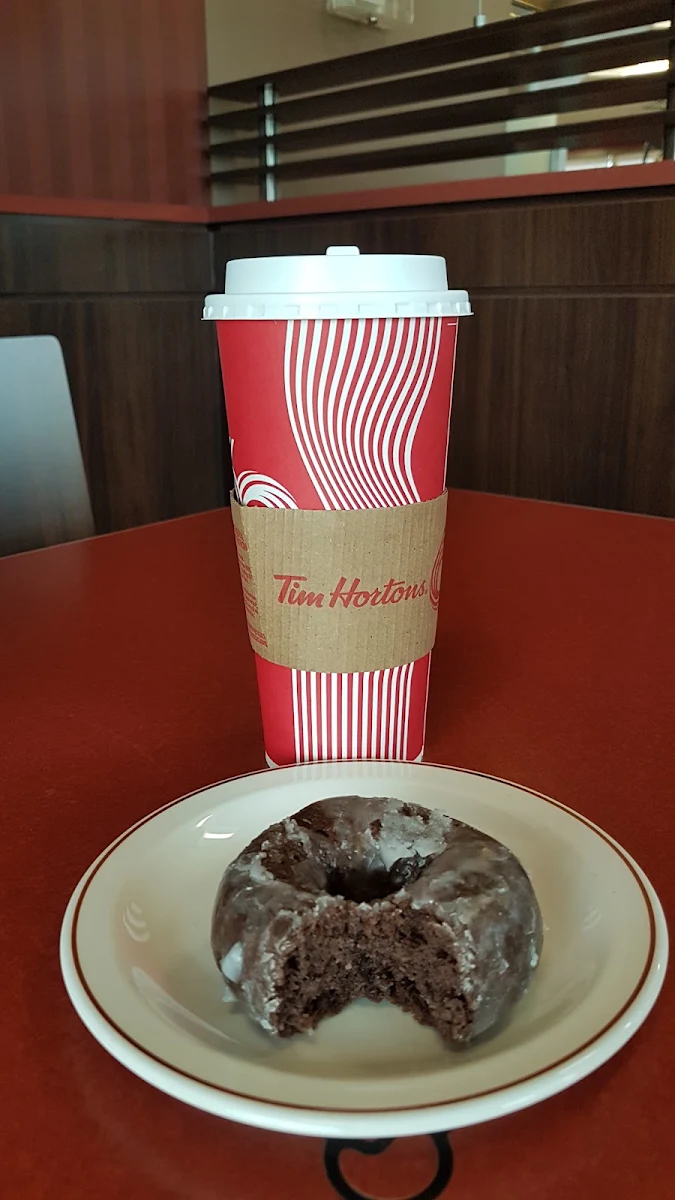 X-Large Dark Roast Coffee with a Glazed Chocolate Donut, Tim Hortons
