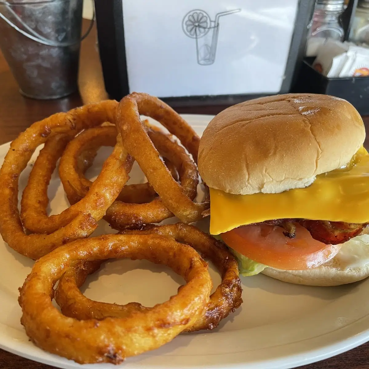 Mushroom Swiss Burger with Onion Rings