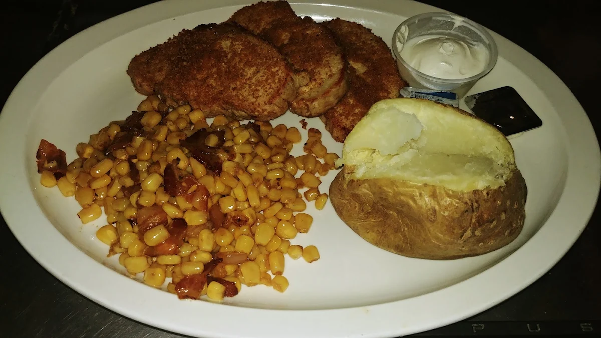 Pan Seared Pork Bacon Corn Baked Potato