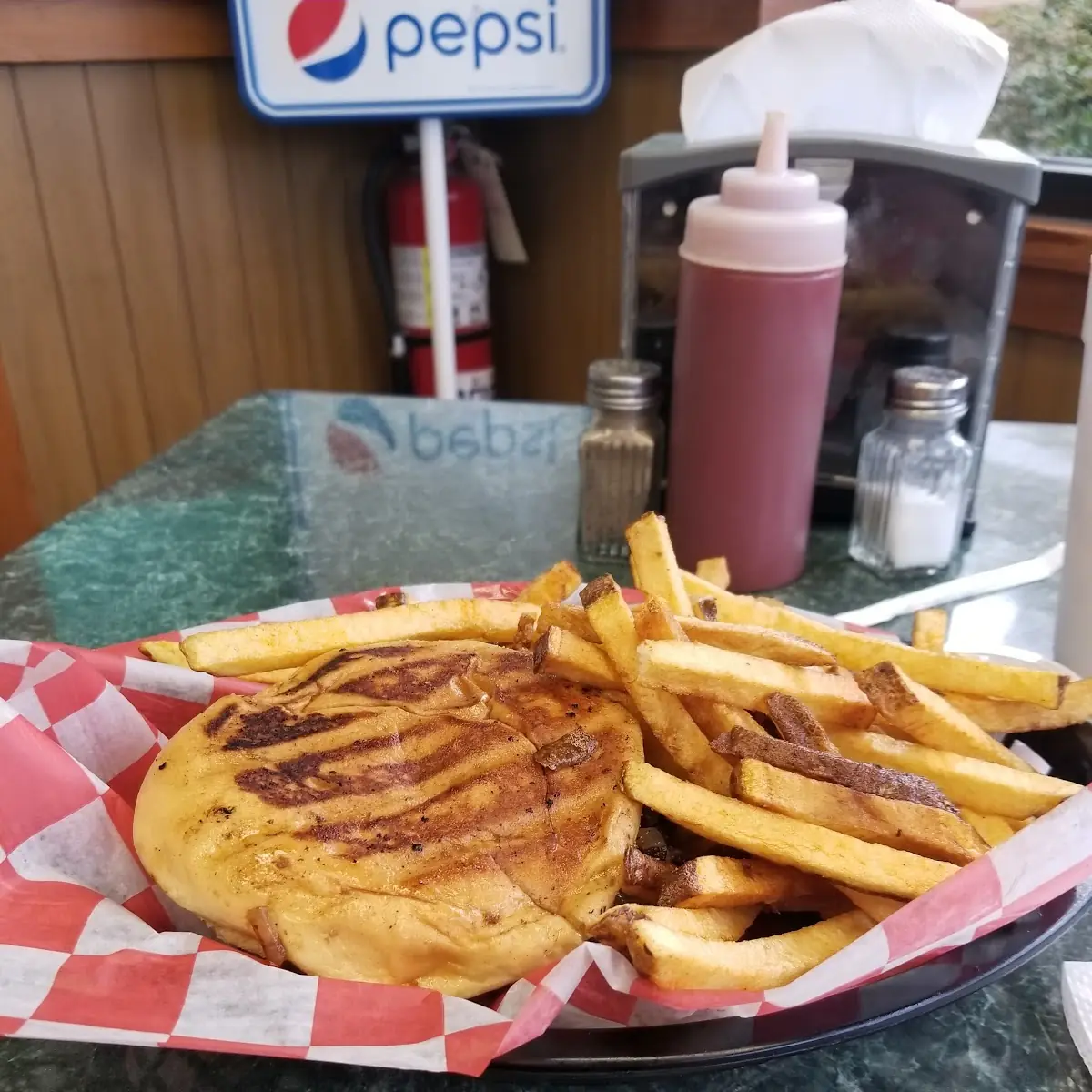 Whiskey Bacon Burger and Fries with Cheese