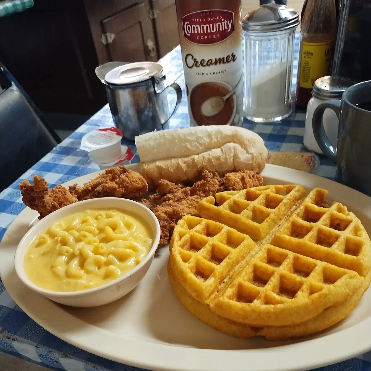Waffles Mac and Cheese and Chicken Strip Garlic Bread