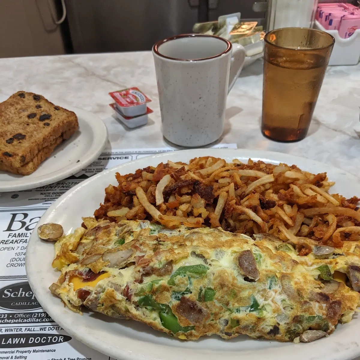 Omlette and Deep Fried Hash Browns