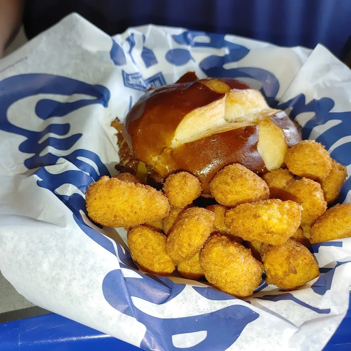 Pretzel Bun Bacon Cheeseburger with Cheese Curds