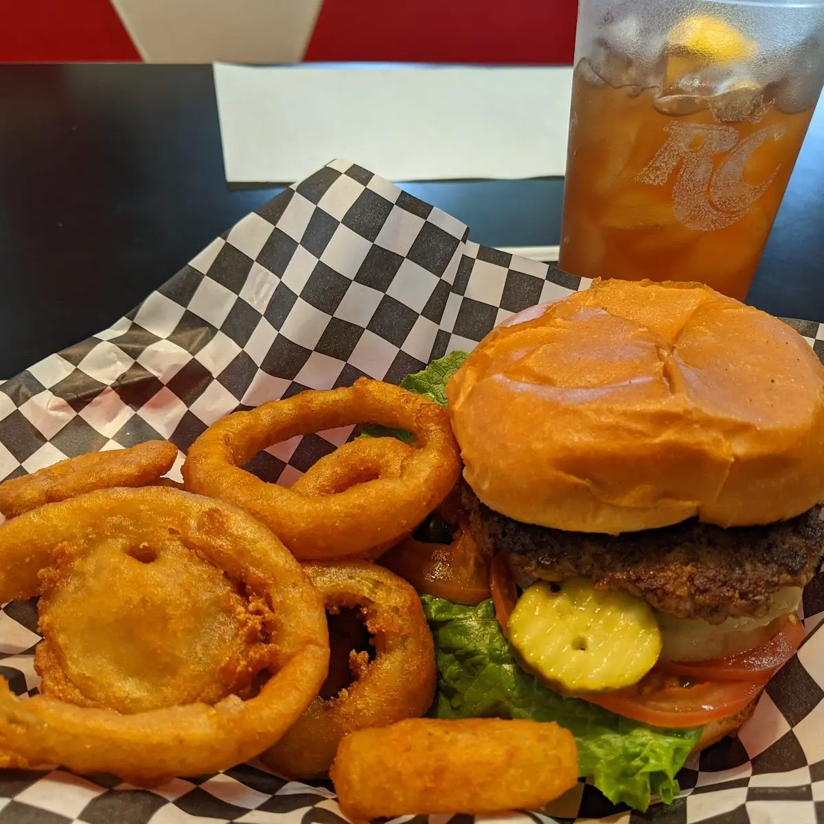 Burger and Onion Rings