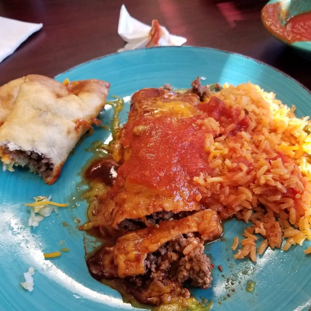 Fried Flour Taco and Ground Beef Enchilada with Rice