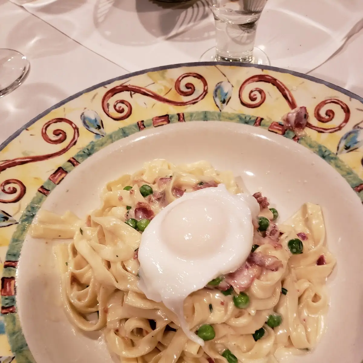 Linguine Carbonara with Poached Egg Peas Prosciutto Pancetta