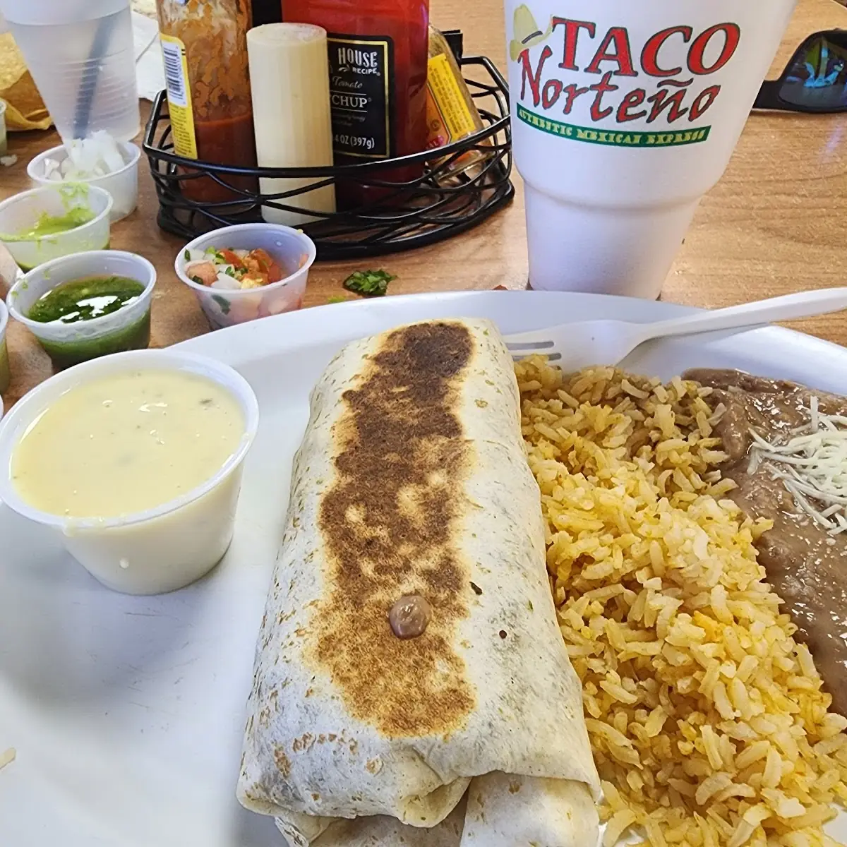 Carne Asada Burrito with Rice and Beans on the Side