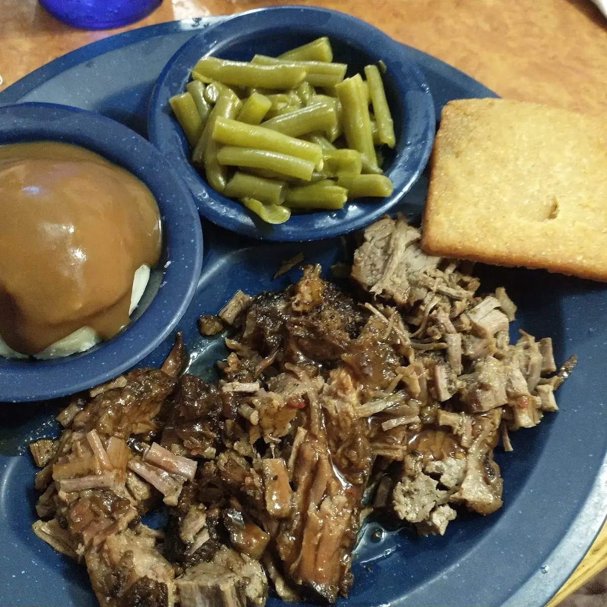 BBQ Pork Mashed Taters and Gravy Green Beans and Flat Bread