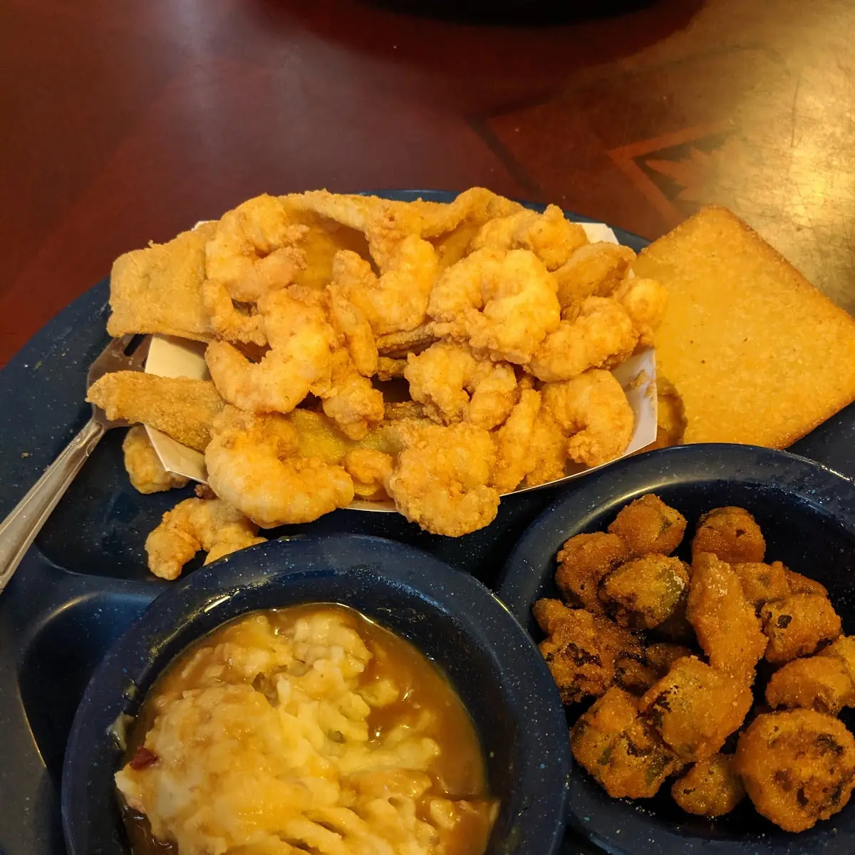 Fried Shrimp Okra & Mashed Potatoes with Gravy