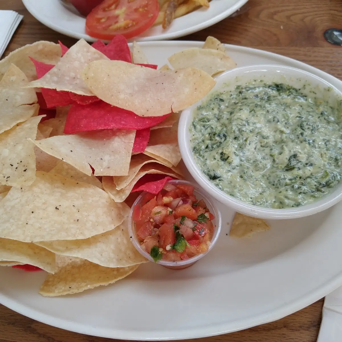 Chips Salsa and Spinach Dip