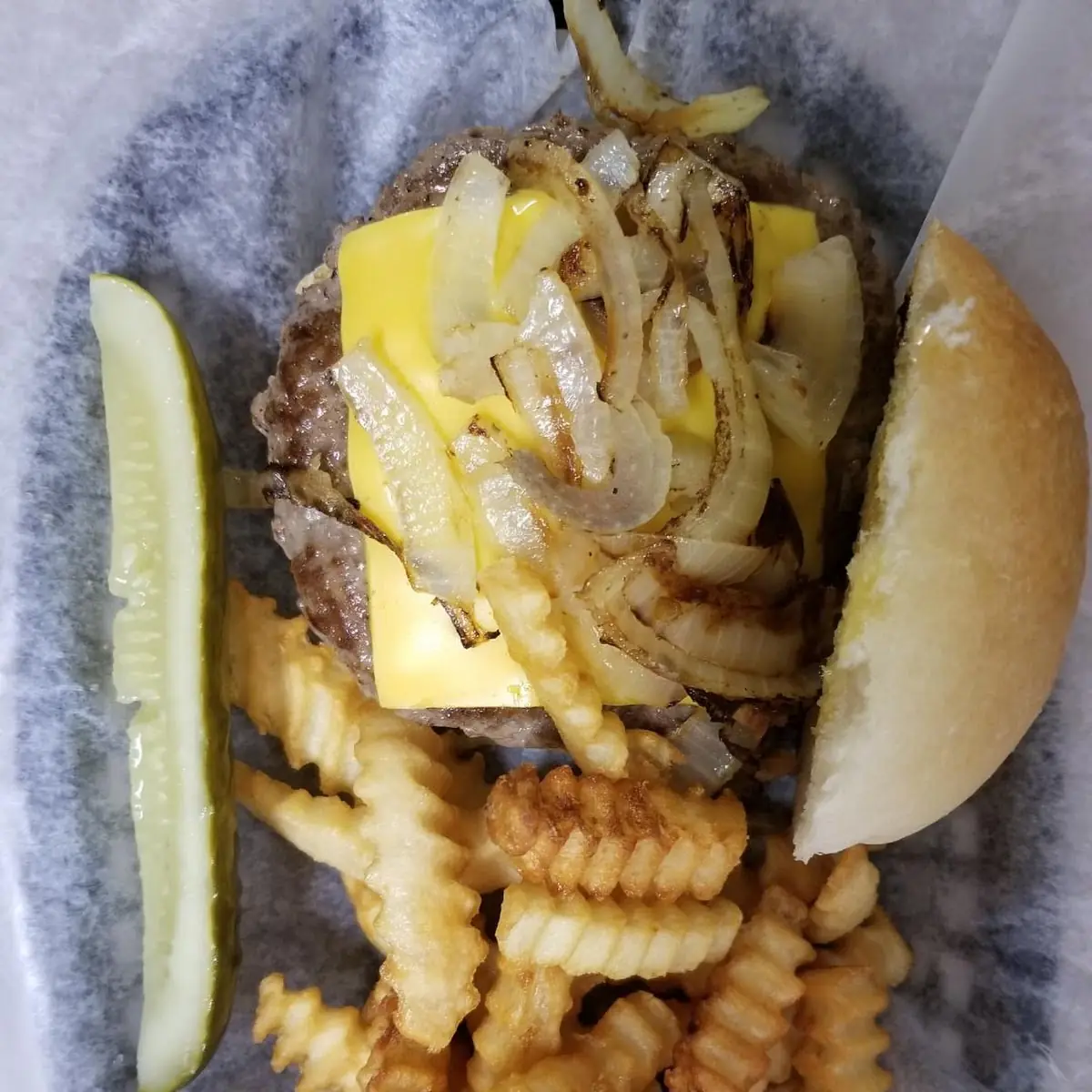 Half Pound Cheeseburger with Fried Onions and Fries