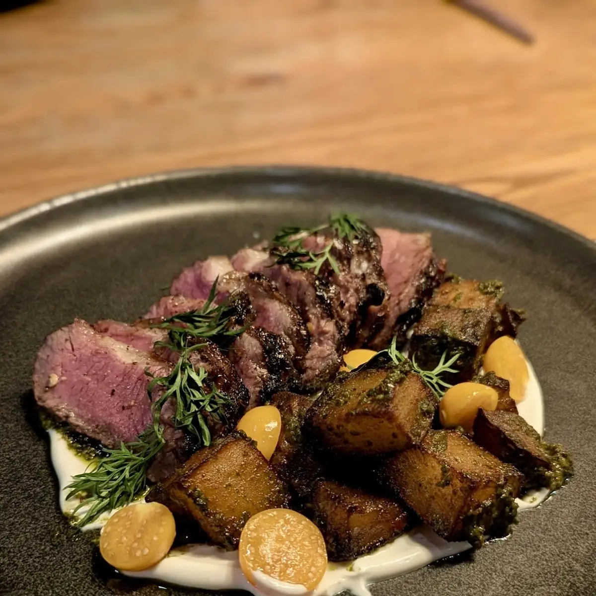 Roasted 14 Oz Strip Steak Crispy Potato Truffle Spring Bean Salad Salmoriglio