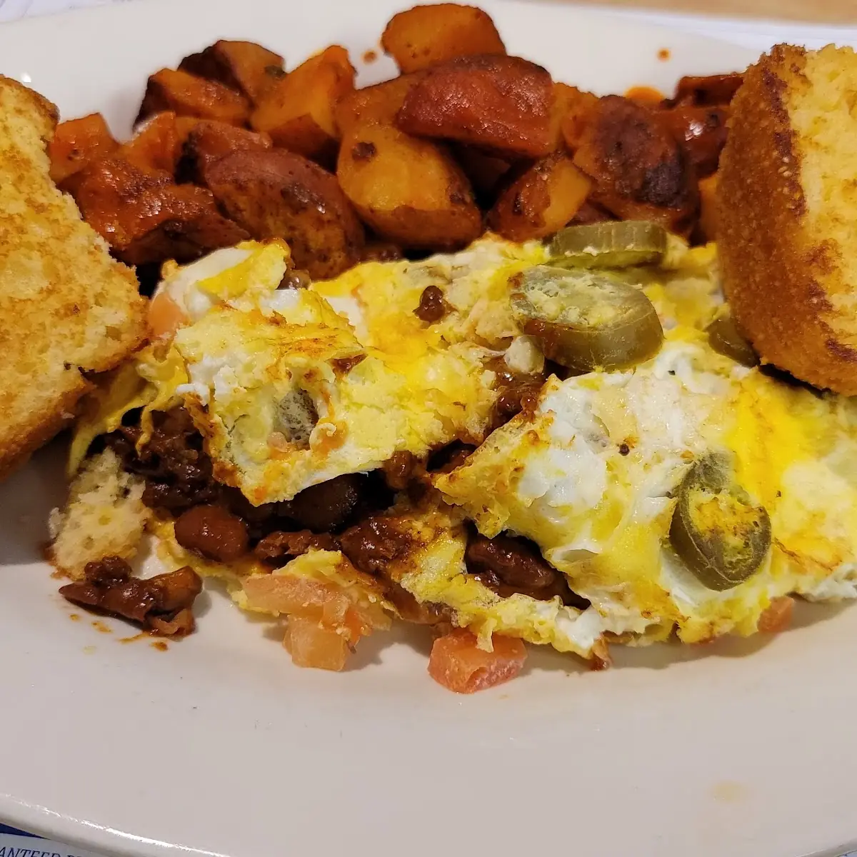Chili Omelette Buffalo Potatoes Corn Muffin