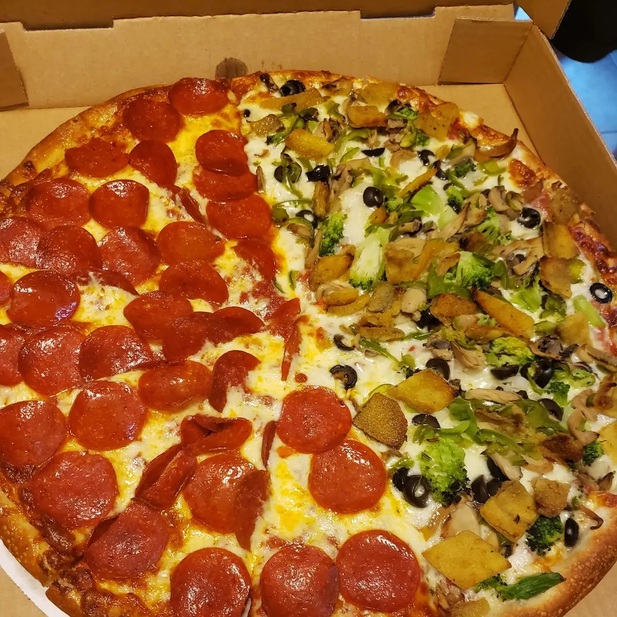 Half Pepperoni Half Veggie Pizza