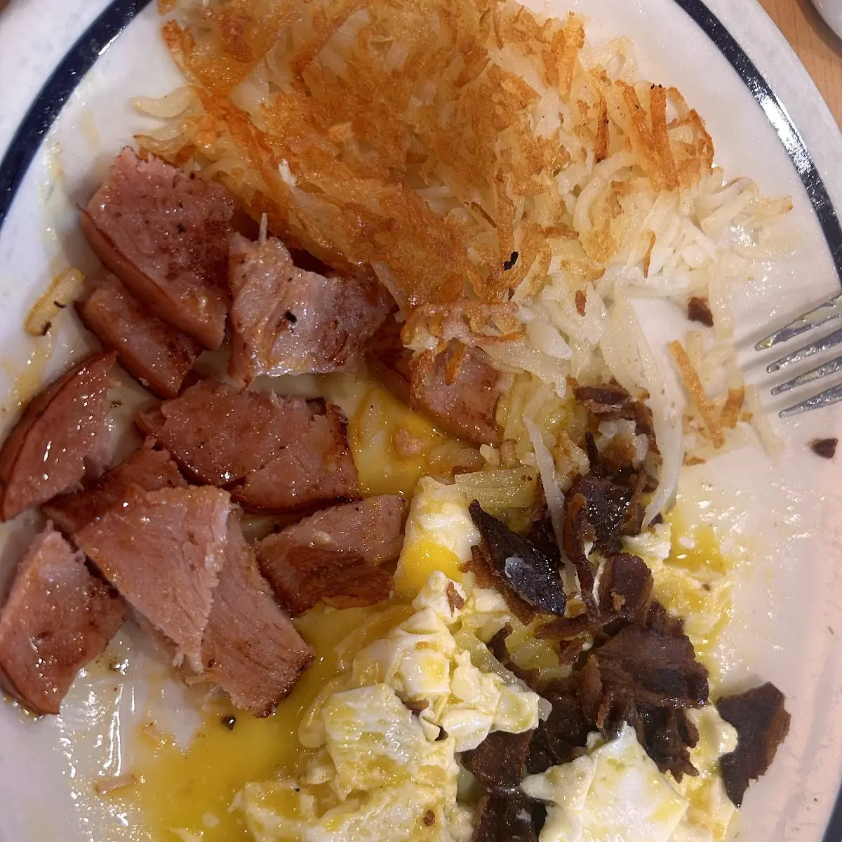 Over Medium Eggs with Extra Crispy Bacon Ham and Hash Browns