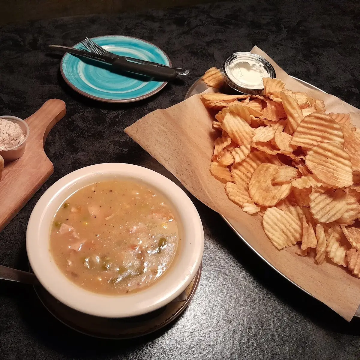 Bread Board Pot Pie Soup & Bistro Chips