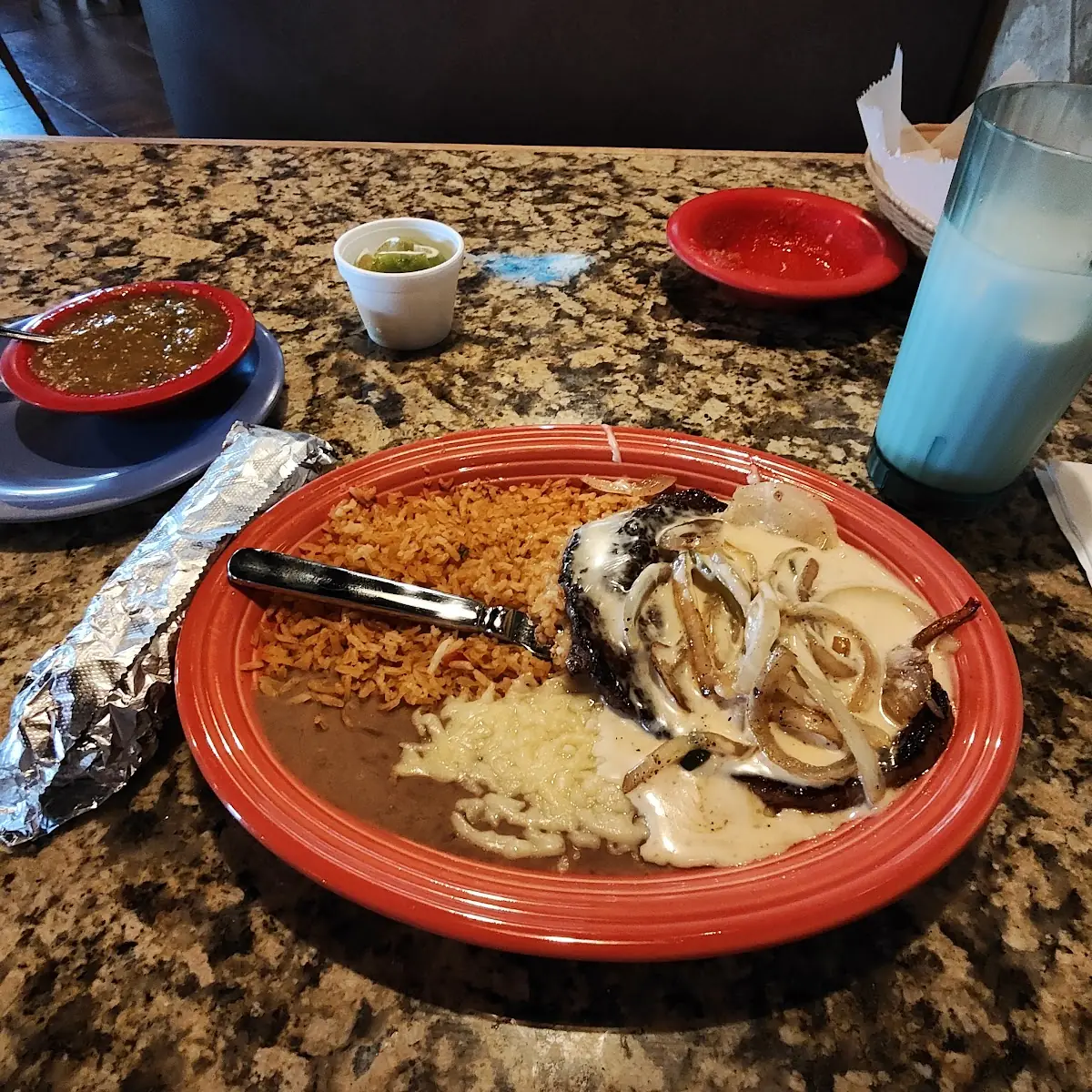#7 Chile Bola, Enchilada, Rice, & Beans