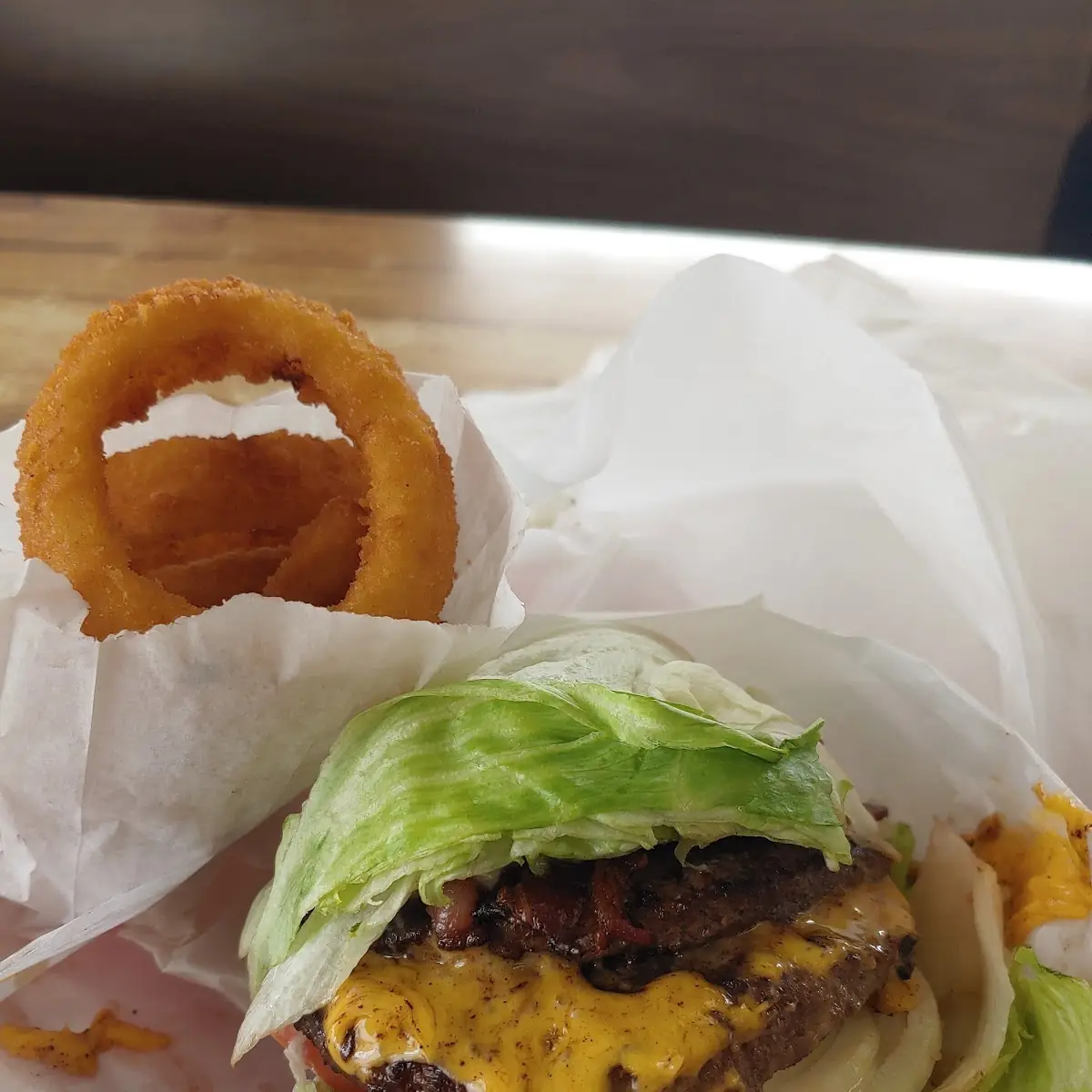 Lettuce Wrapped Double Super Bacon Cheeseburger Combo with Onion Rings