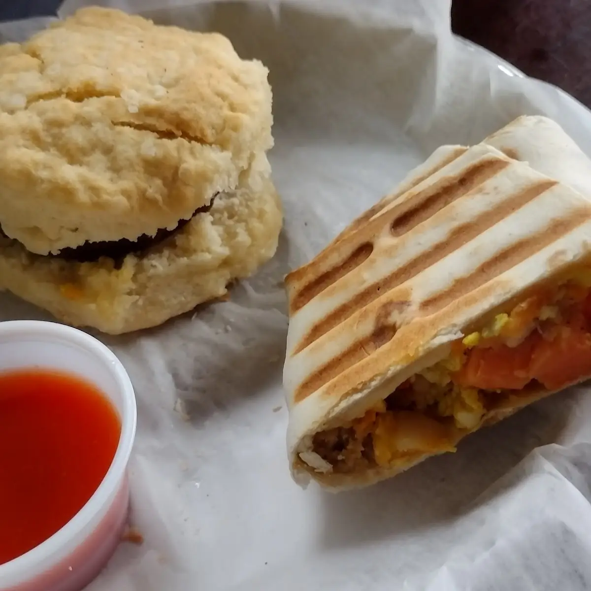Biscuits and Sausage and Breakfast Burrito