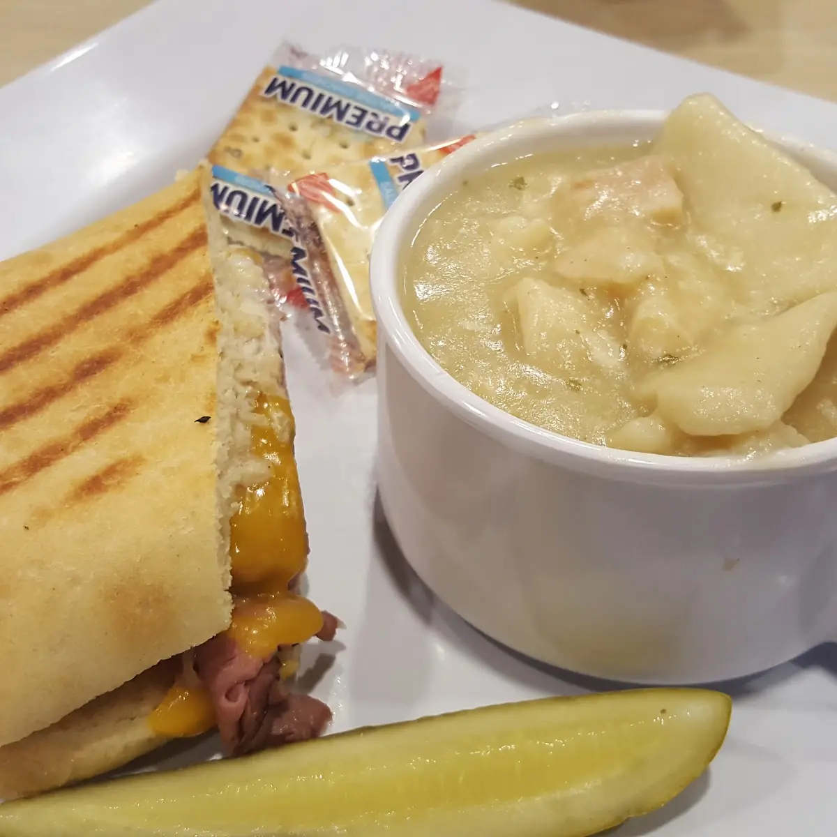 Chicken Dumpling Soups and Roast Beef and Cheddar Sandwich
