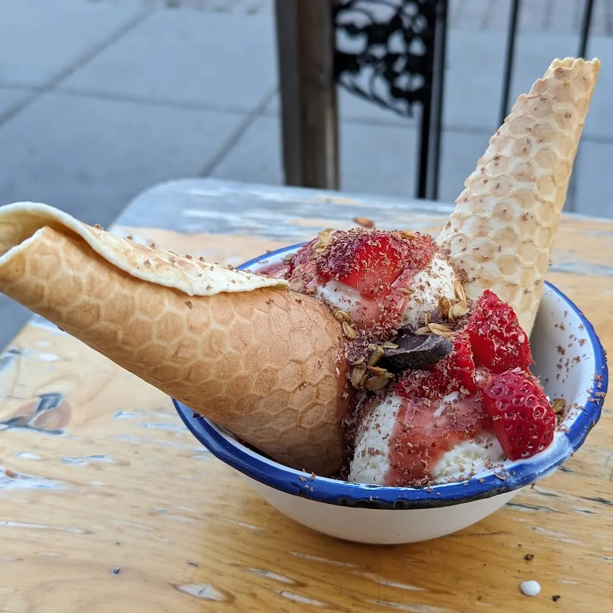 Vanilla Ice Cream with Strawberries and Cones