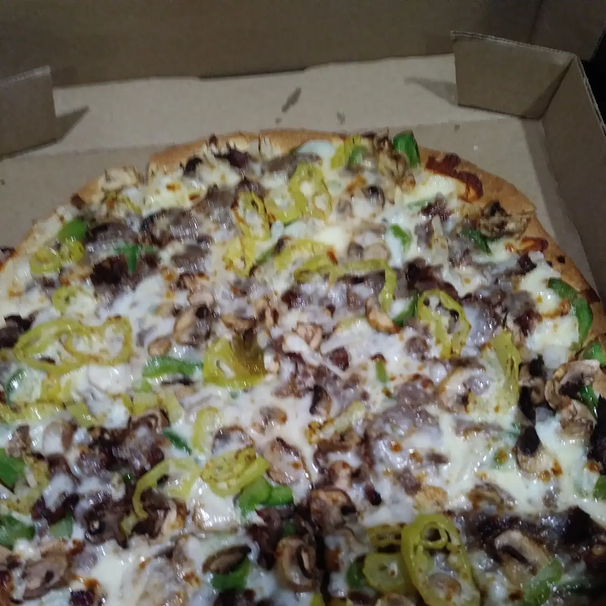 Thin Crust Philly Cheesesteak Pizza I Added Banana Peppers